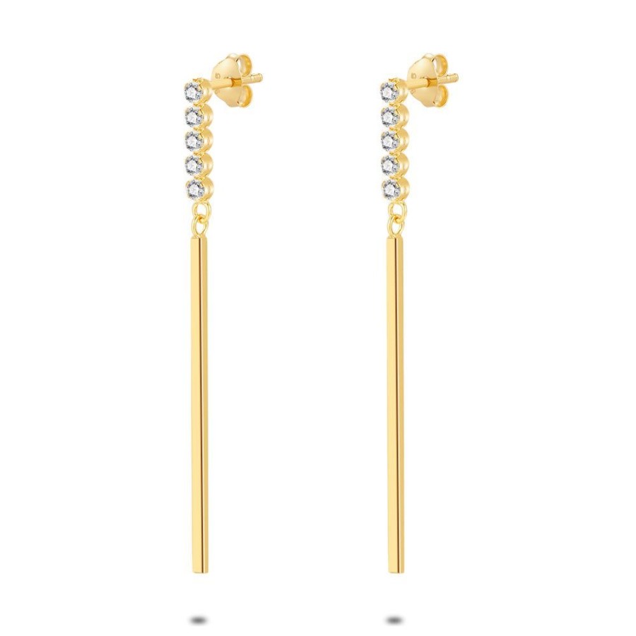 Women Twice As Nice | 18Ct Gold Plated Silver Earrings, Bar, 5 Zirconia