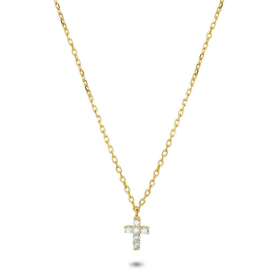 Women Twice As Nice | 18Ct Gold Plated Silver Necklace, Small Cross, Zirconia