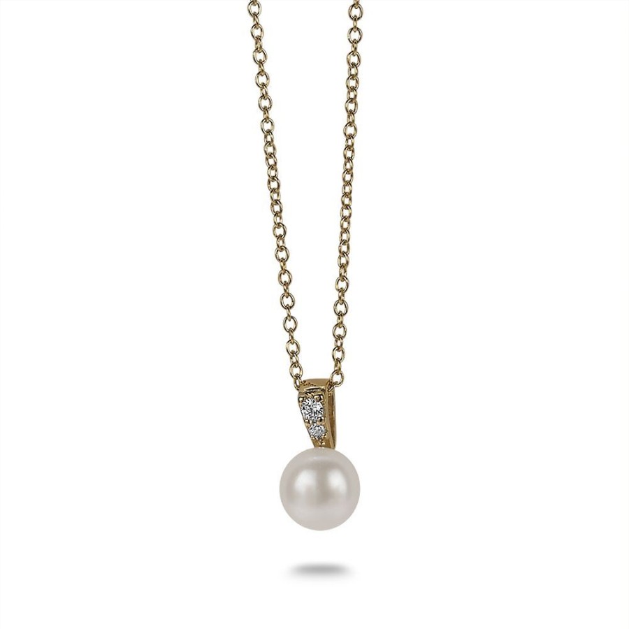 Women Twice As Nice | 18Ct Gold Plated Silver Necklace, Freshwater Pearl, 2 Zirconia