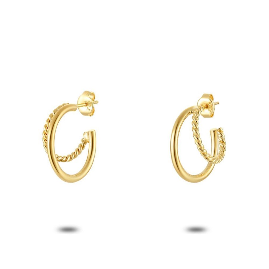 Women Twice As Nice | 18Ct Gold Plated Silver Earrings, Double Earring, Little Twisted Earring, Solid Big Earring