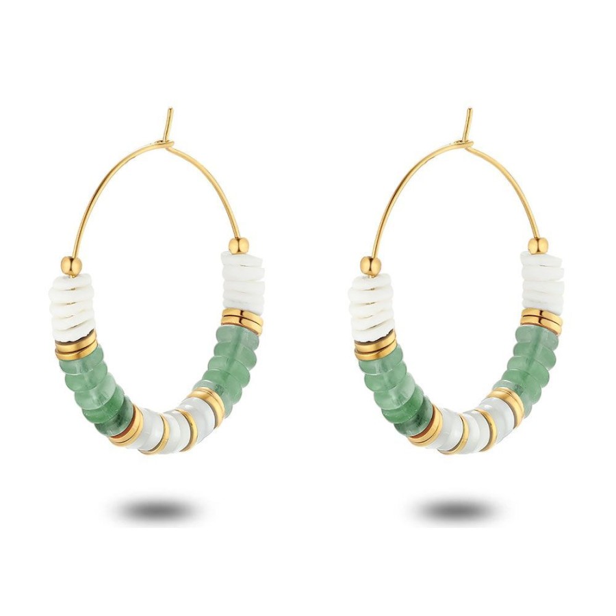 Women Twice As Nice | Gold Coloured Stainless Steel Earrings, Hoops, Green Beads, Mother Of Pearl