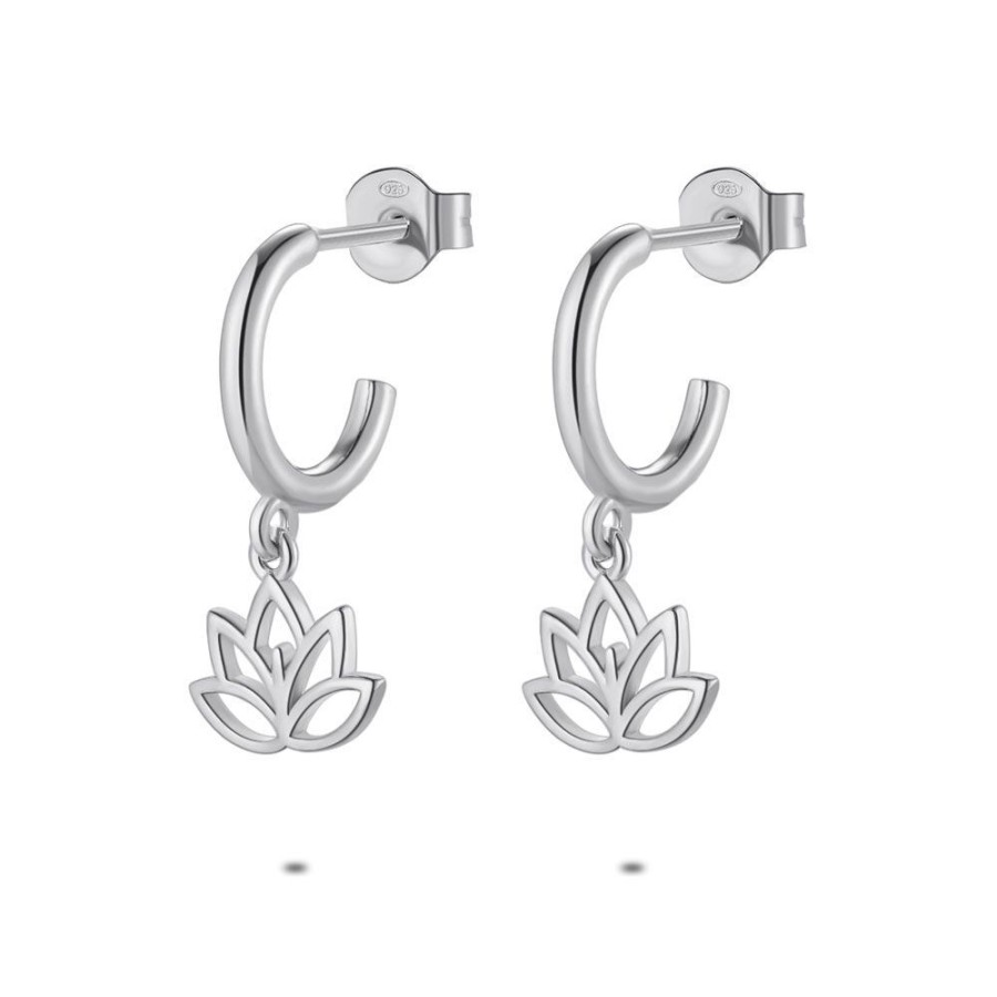 Women Twice As Nice | Silver Earrings, Open Hoop, Lotus Flower