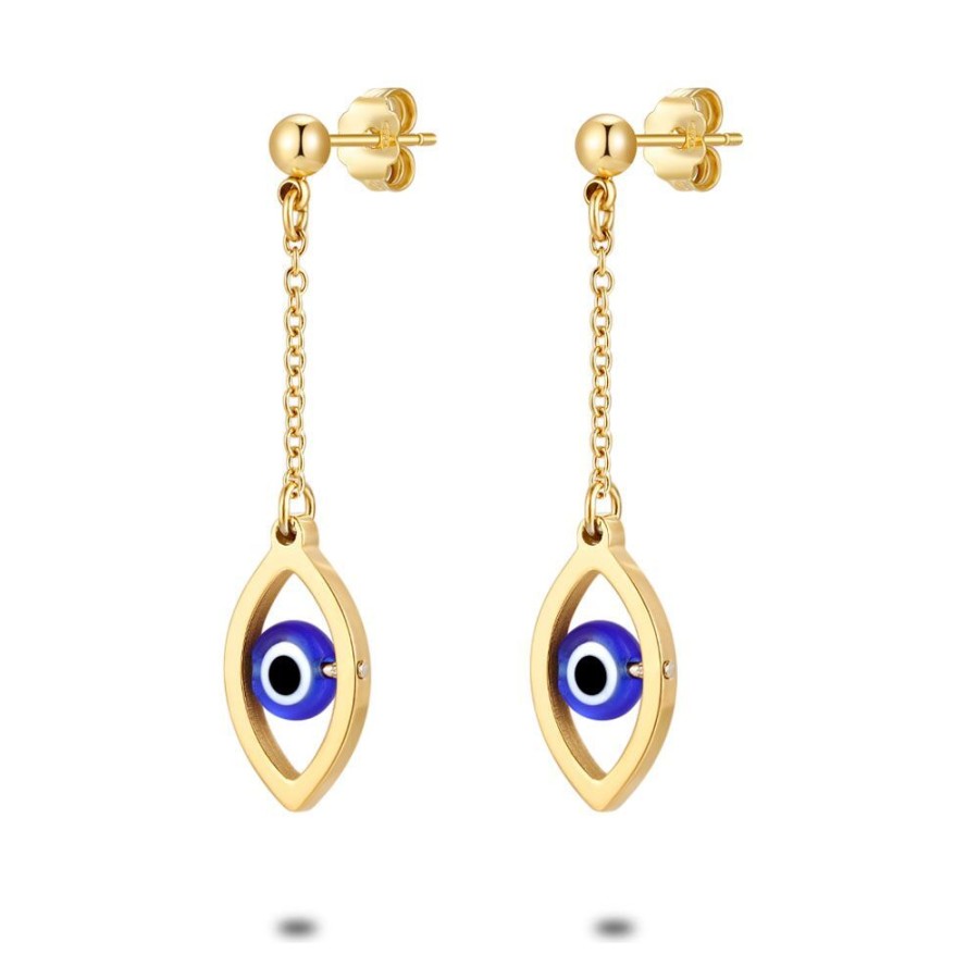 Women Twice As Nice | Gold Coloured Stainless Steel Earrings, Nazaar Eye On Chain