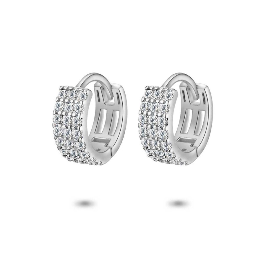 Women Twice As Nice | Silver Earrings, Hoop, 3 Rows Of White Zirconia