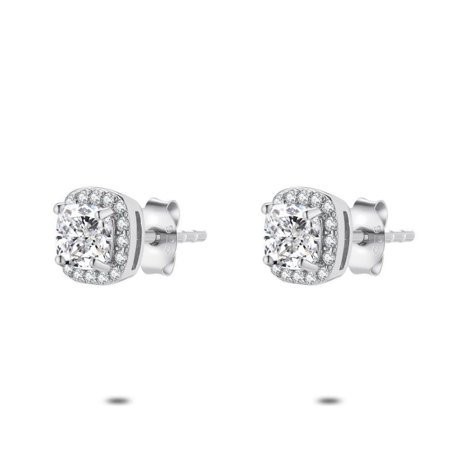 Women Twice As Nice | Silver Earrings, Square Zirconia Surrounded By Round Zirconia