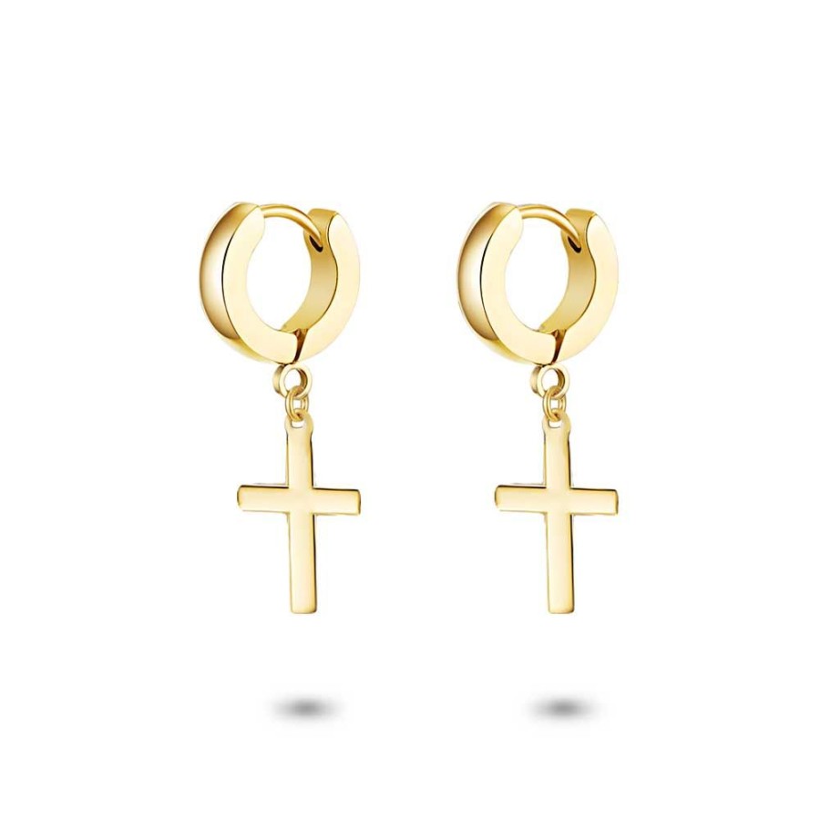 Women Twice As Nice | Gold Coloured Stainless Steel Earrings, Cross Hoops