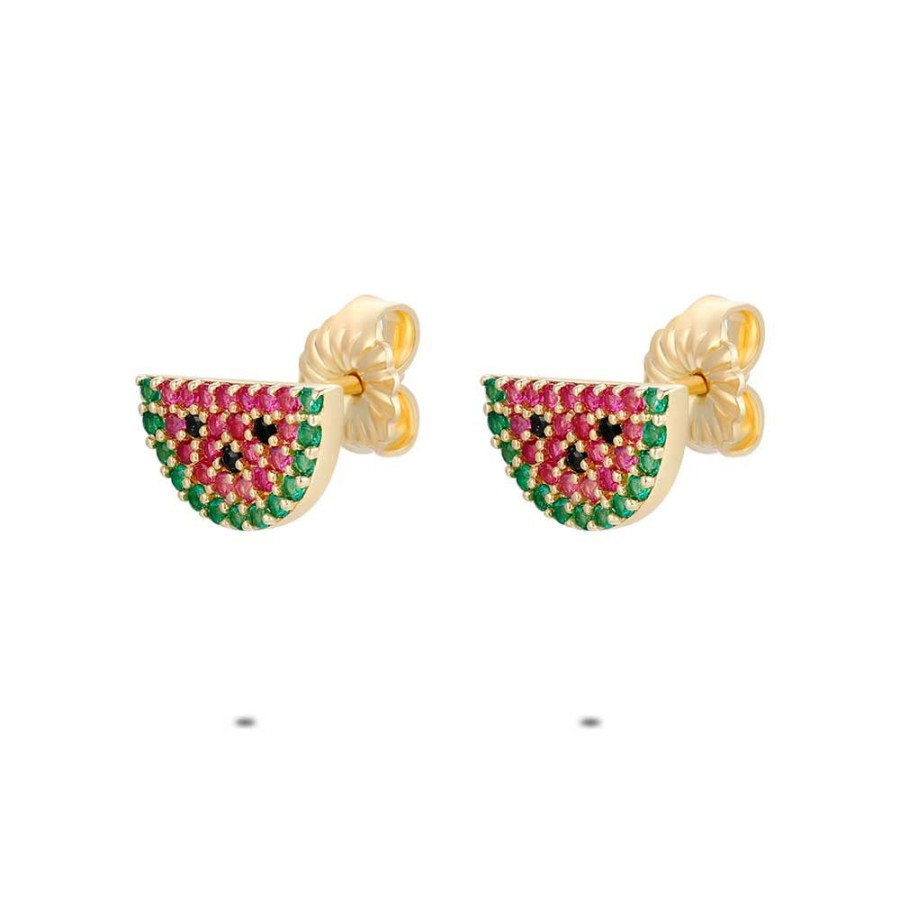 Women Twice As Nice | 18Ct Gold Plated Silver Earrings, Watermelon, Multicolored Zirconia