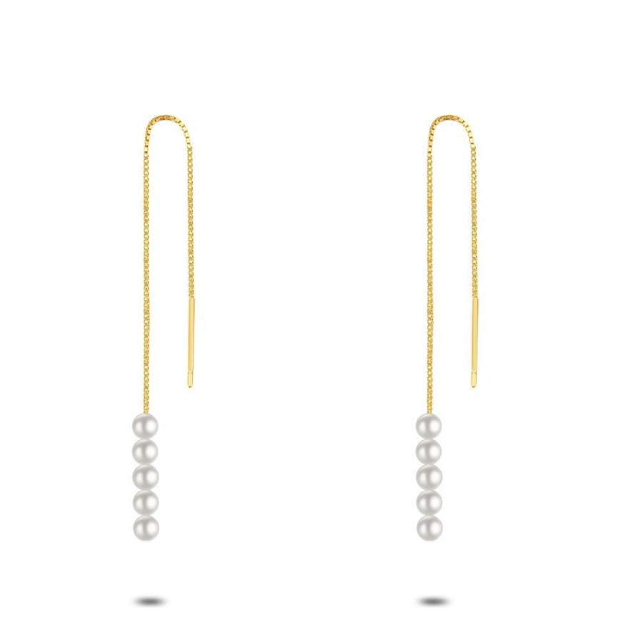 Women Twice As Nice | 18Ct Gold Plated Silver Earrings, 5 Pearls On Chain