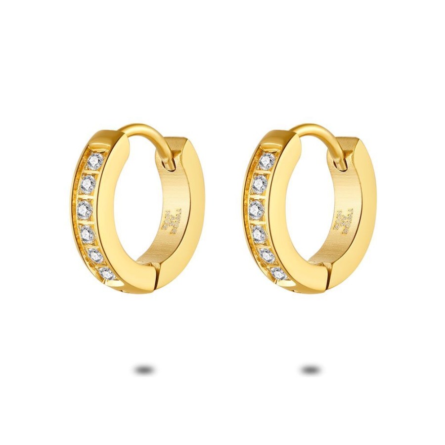 Women Twice As Nice | Gold Coloured Stainless Steel Earrings, Hoop Earrings, 13 Mm, White Crystals