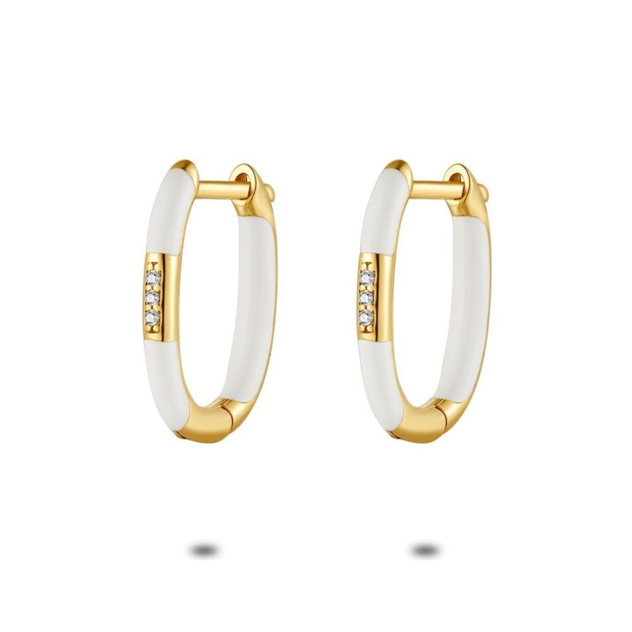 Women Twice As Nice | 18Ct Gold Plated Silver Earrings, Oval Hoop Earrings, White Enamel, Zirconia