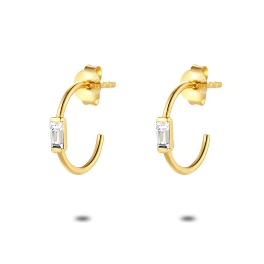 Women Twice As Nice | 18Ct Gold Plated Silver Earrings, Open Hoop, Rectangular Zirconia