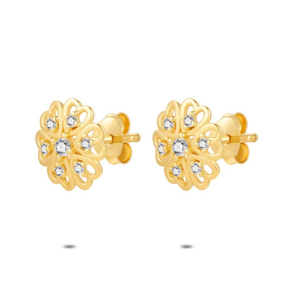 Women Twice As Nice | 18Ct Gold Plated Silver Earrings, Flower With Tiny Hearts, Zirconia