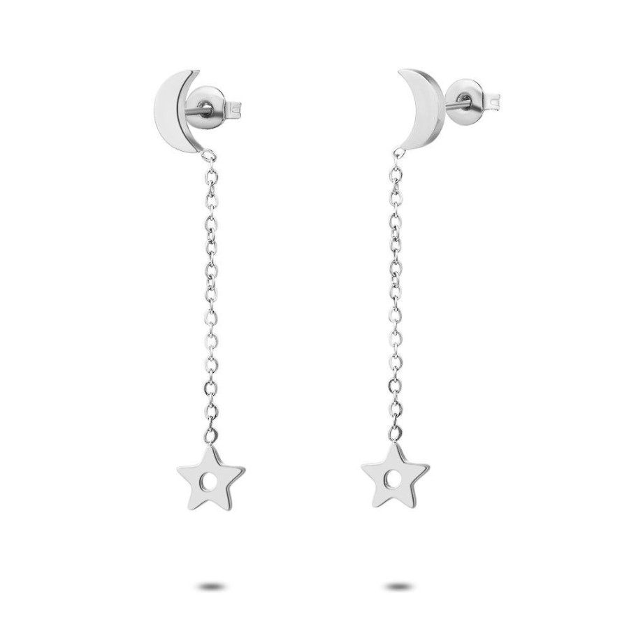 Women Twice As Nice | Stainless Steel Earrings, Moon With Chain And Star On