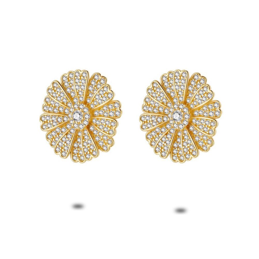 Women Twice As Nice | 18Ct Gold Plated Silver Earrings, Big Flowers, Zirconia