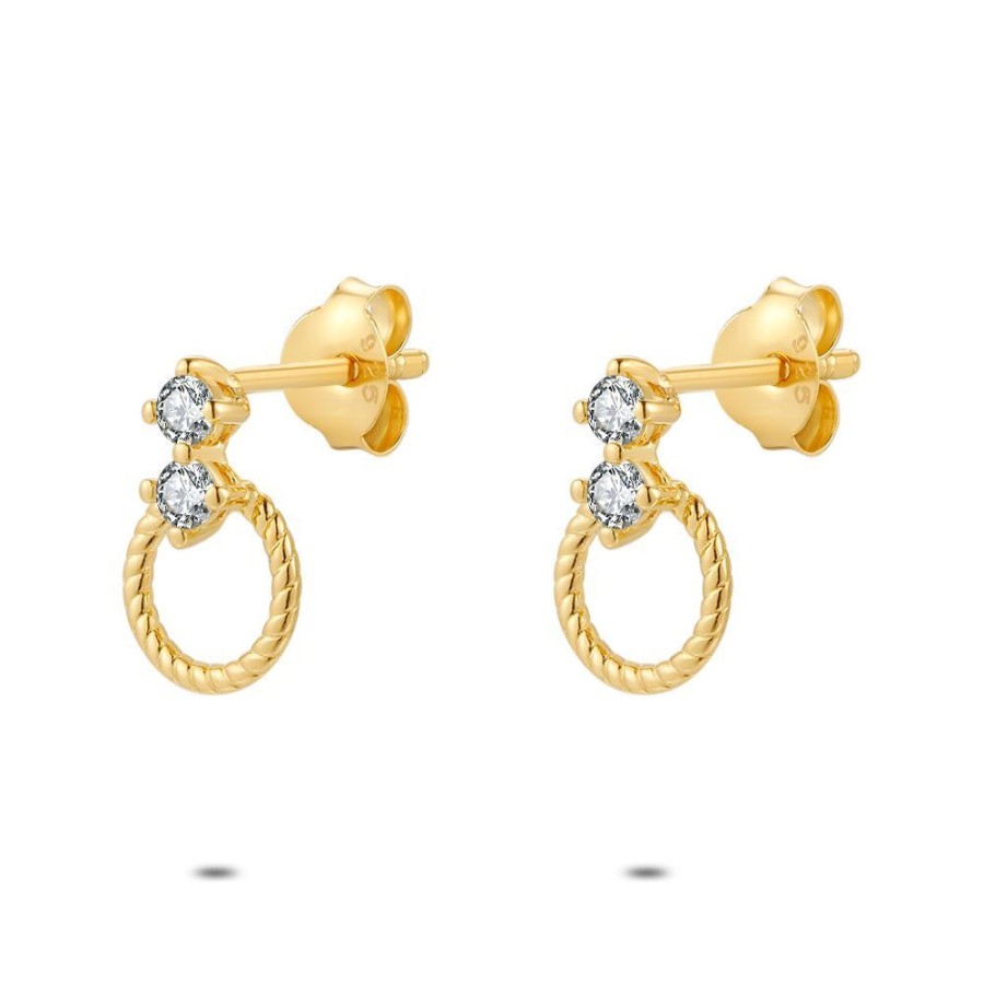 Women Twice As Nice | 18Ct Gold Plated Silver Earrings, Gold-Coloured, Twisted Ring, 2 Zirconia