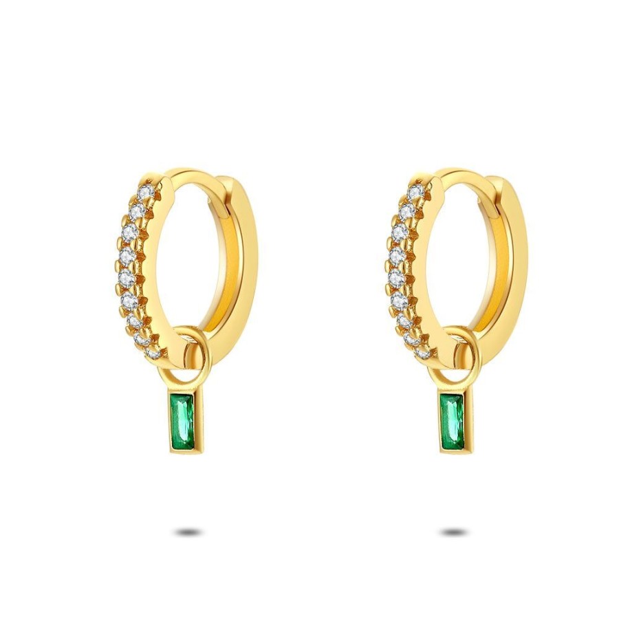 Women Twice As Nice | 18Ct Gold Plated Silver Earrings, Earring With White Zirconia, Rectangle In Green Zirconia