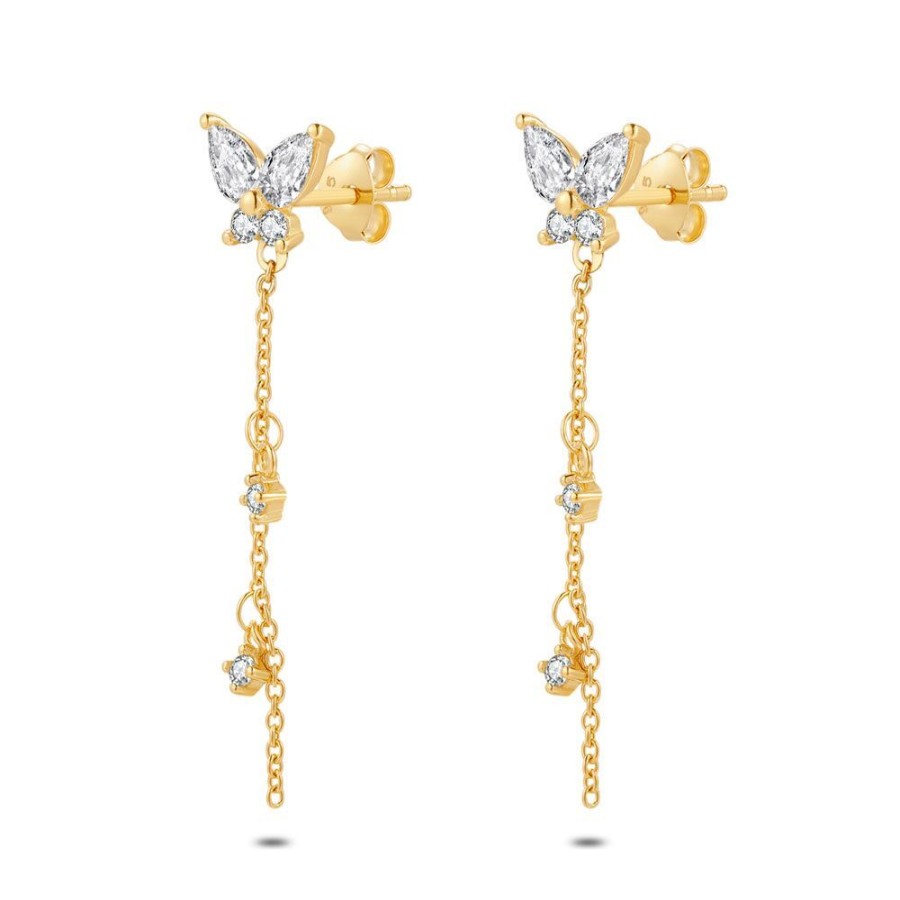 Women Twice As Nice | 18Ct Gold Plated Silver Earrings, Butterfly On Chain, Zirconia,