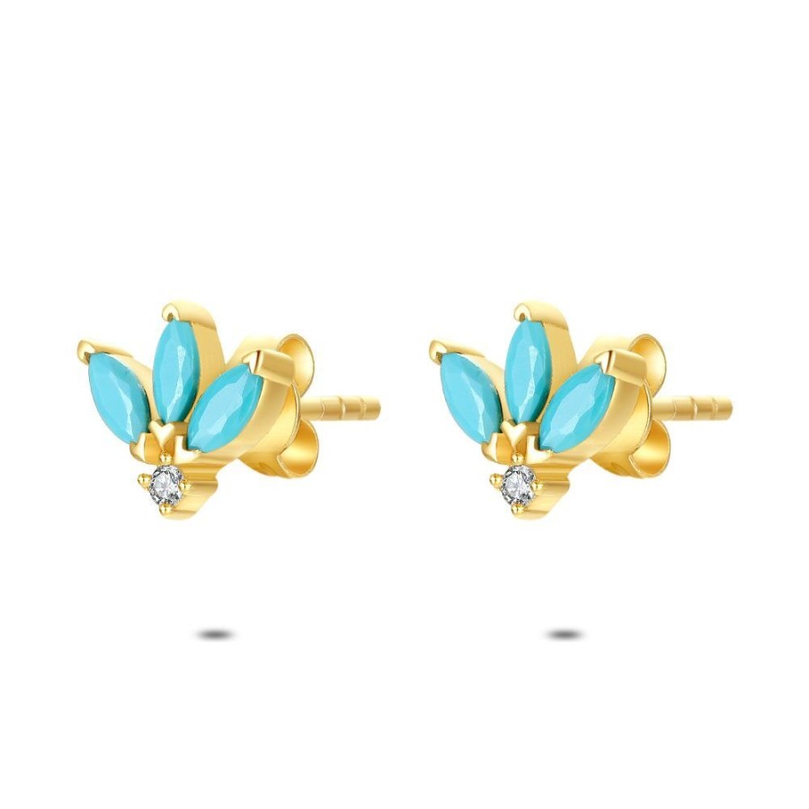 Women Twice As Nice | 18Ct Gold Plated Silver Earrings, 3 Turquoise Elipses, 1 Round Zirconia