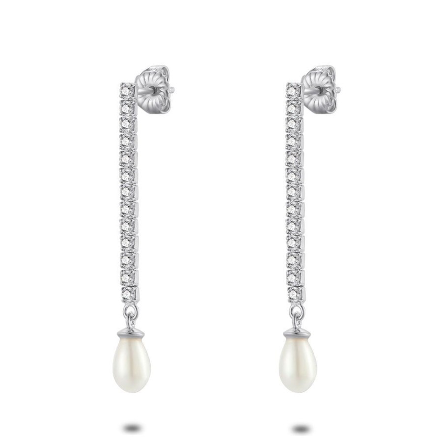 Women Twice As Nice | Hanging Silver Earrings, 13 Zirconia And Pearl, 4 Cm