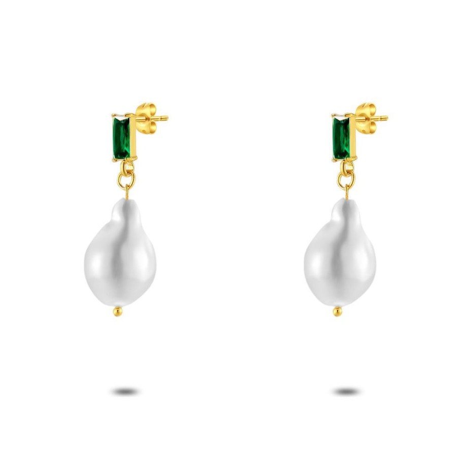 Women Twice As Nice | Gold Coloured Stainless Steel Earrings, Pearl Drop, Green Zirconia