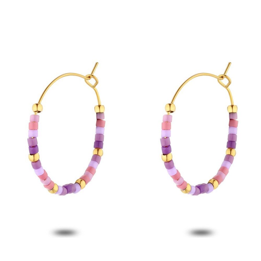 Women Twice As Nice | Gold Coloured Stainless Steel Earrings, Purple Miyuki Beads