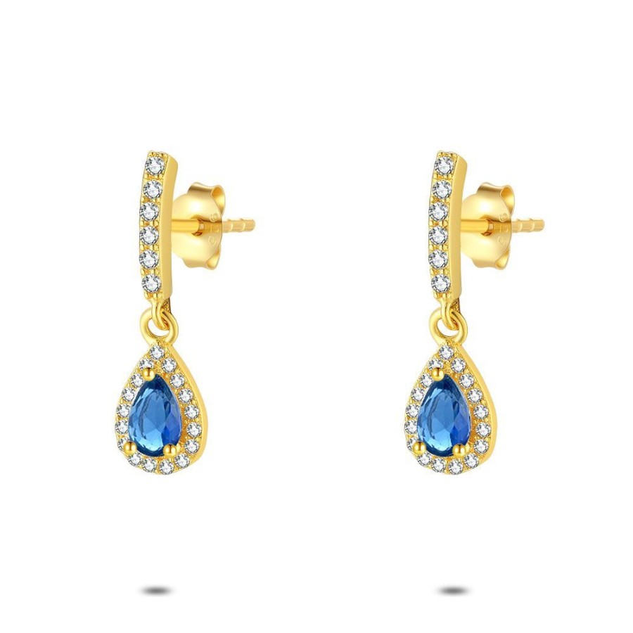 Women Twice As Nice | 18Ct Gold Plated Silver Earrings, Bar With White Zirconia, Drop With 1 Blue Zirconia