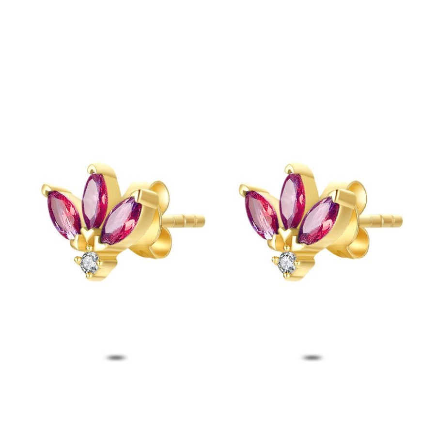 Women Twice As Nice | 18Ct Gold Plated Silver Earrings, 3 Fuchsia Elipses, 1 Round White Zirconia