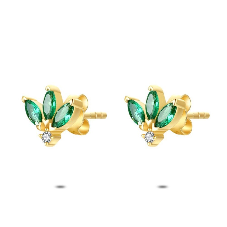 Women Twice As Nice | 18Ct Gold Plated Silver Earrings, 3 Green Elipses, 1 Round White Zirconia