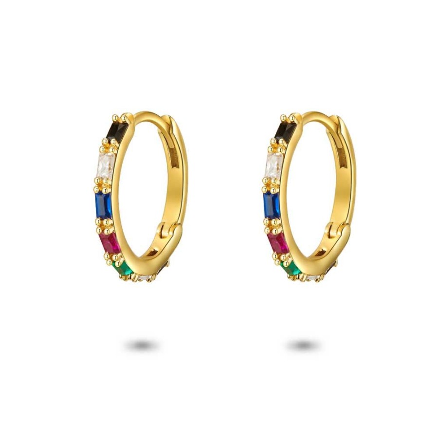 Women Twice As Nice | 18Ct Gold Plated Silver Earrings, Hoop, Multicoloured Emerald Cut Zirconia And Small Beads