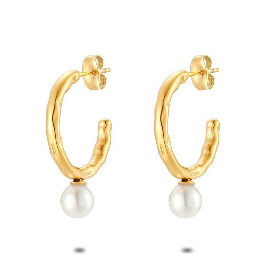 Women Twice As Nice | Gold Coloured Stainless Steel, Open Earring, Hammered, Pearl