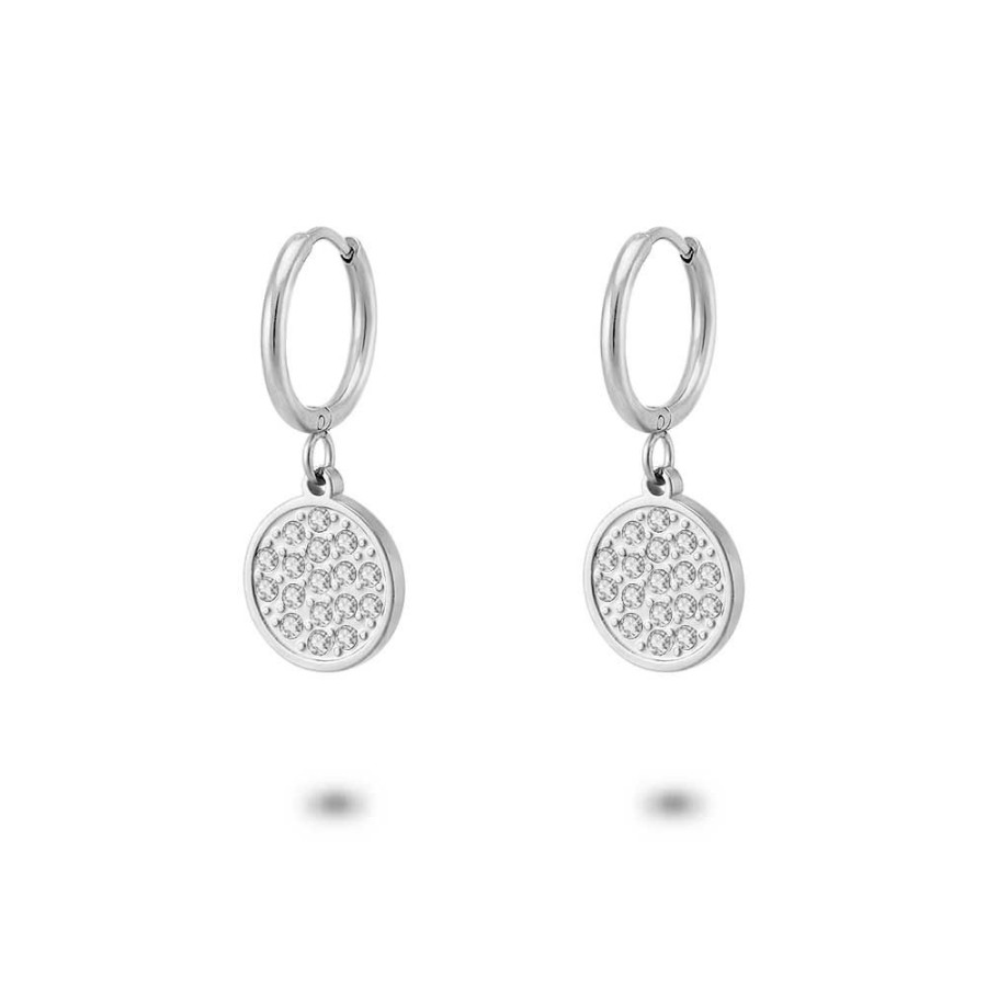 Women Twice As Nice | Stainless Steel Earrings, Hoop, Disc Shape And White Crystals