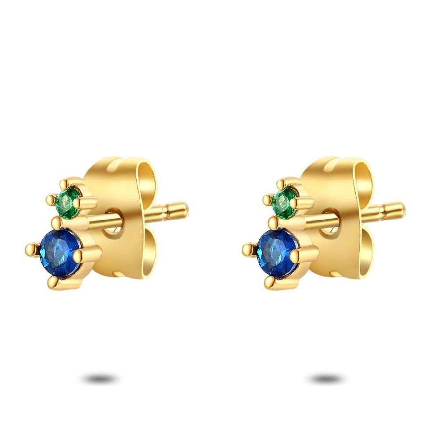 Women Twice As Nice | Earrings In Gold-Tone Stainless Steel, Green And Blue Zirconia