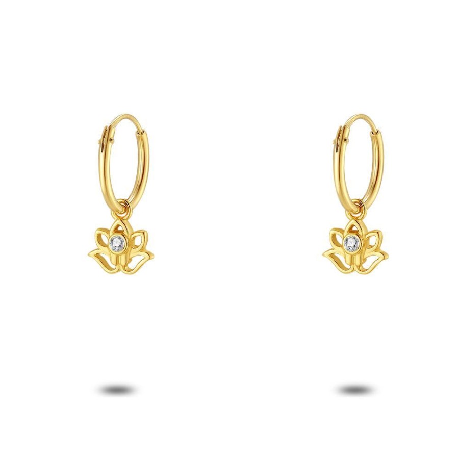 Women Twice As Nice | 18Ct Gold Plated Silver Earrings, Hoop Earring, Lotus Flower, Zirconia