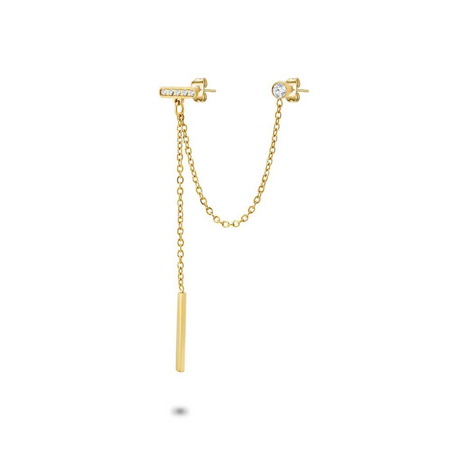 Women Twice As Nice | Gold Coloured Stainless Steel Earrings, 1 Crystal, 2 Bars On Chain