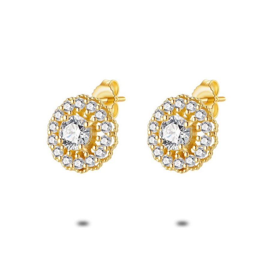 Women Twice As Nice | 18Ct Gold Plated Silver Earrings, Flowers, Zirconia