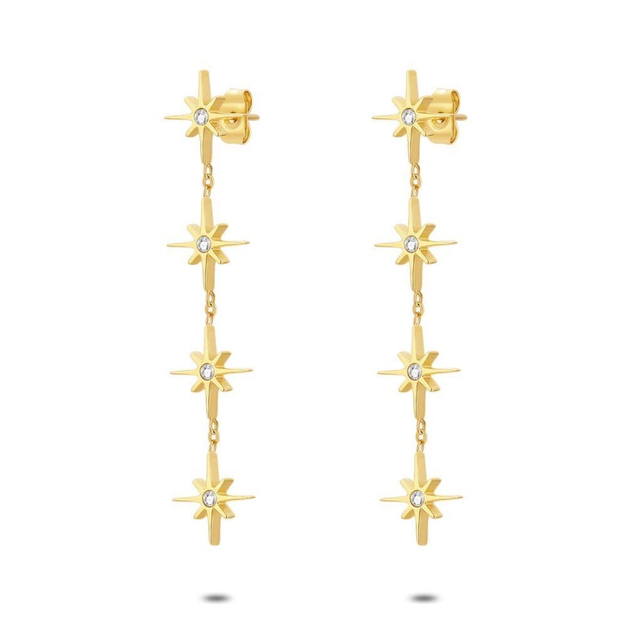 Women Twice As Nice | Gold Coloured Stainless Steel Earrings, 4 Stars, 4 Zirconia