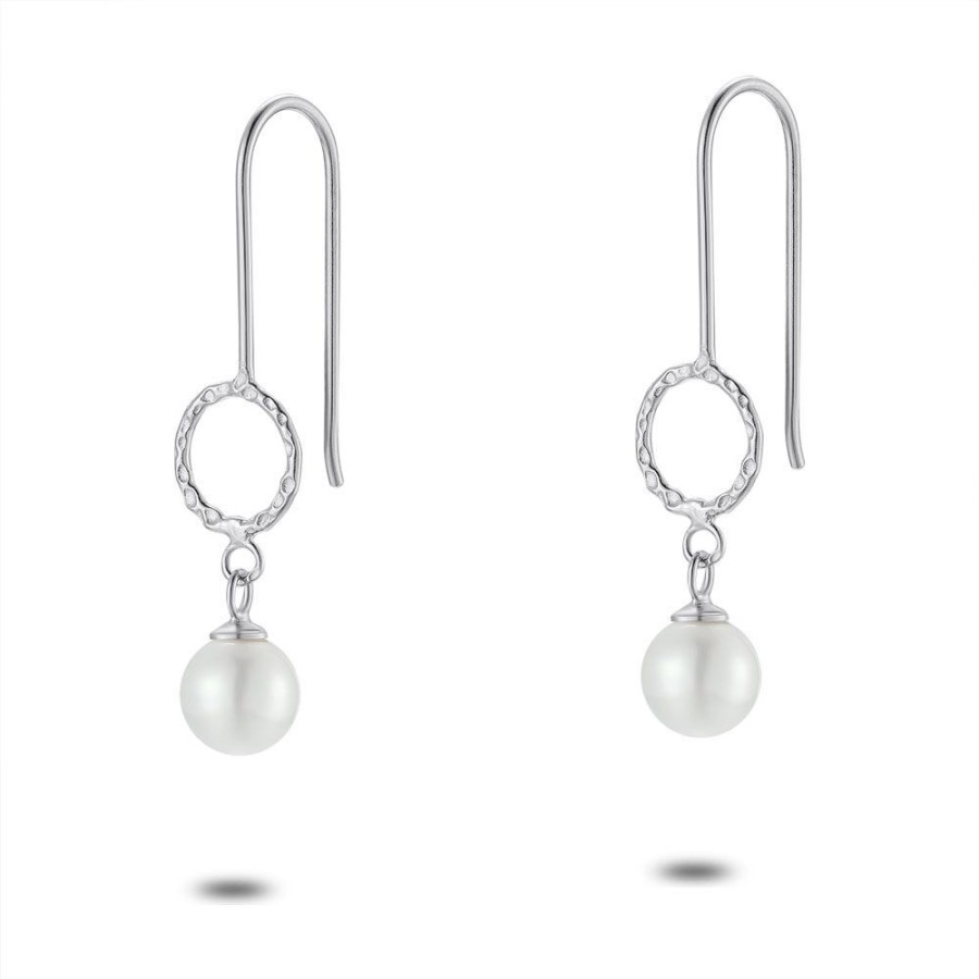 Women Twice As Nice | Silver Earrings, Hammered Circle, Pearl On Hook