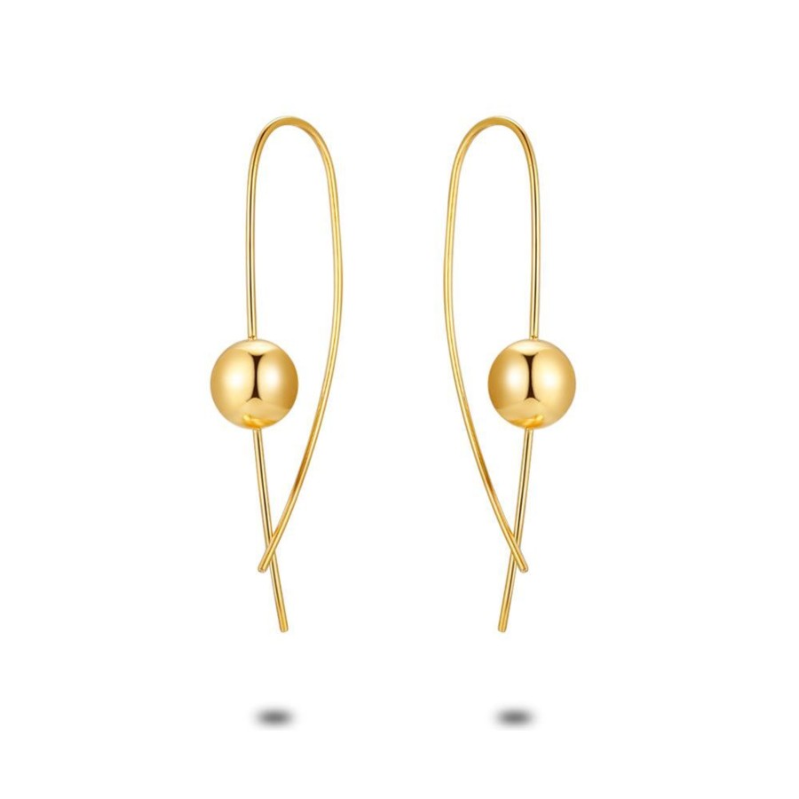 Women Twice As Nice | Gold Coloured Stainless Steel Earrings, Ball On Long Hook