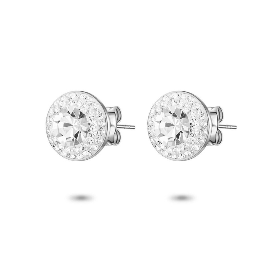 Women Twice As Nice | Silver Earrings, Round In 2 Rows, White Crystals