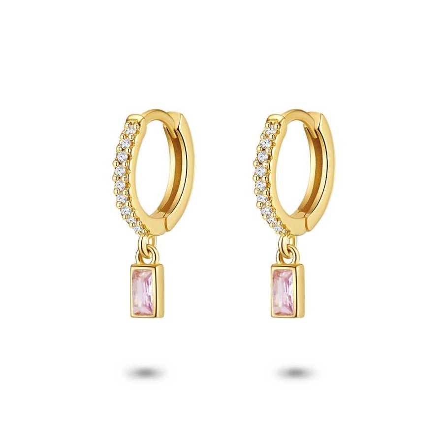 Women Twice As Nice | 18Ct Gold Plated Silver Earrings, Hoop, White Zirconia, Hanging Pink Emerald Cut Zirconia