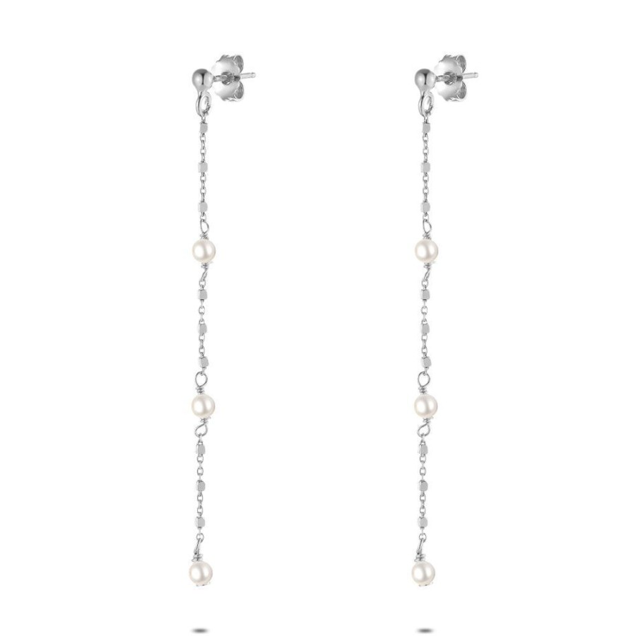 Women Twice As Nice | Silver Earrings, 3 White Pearls