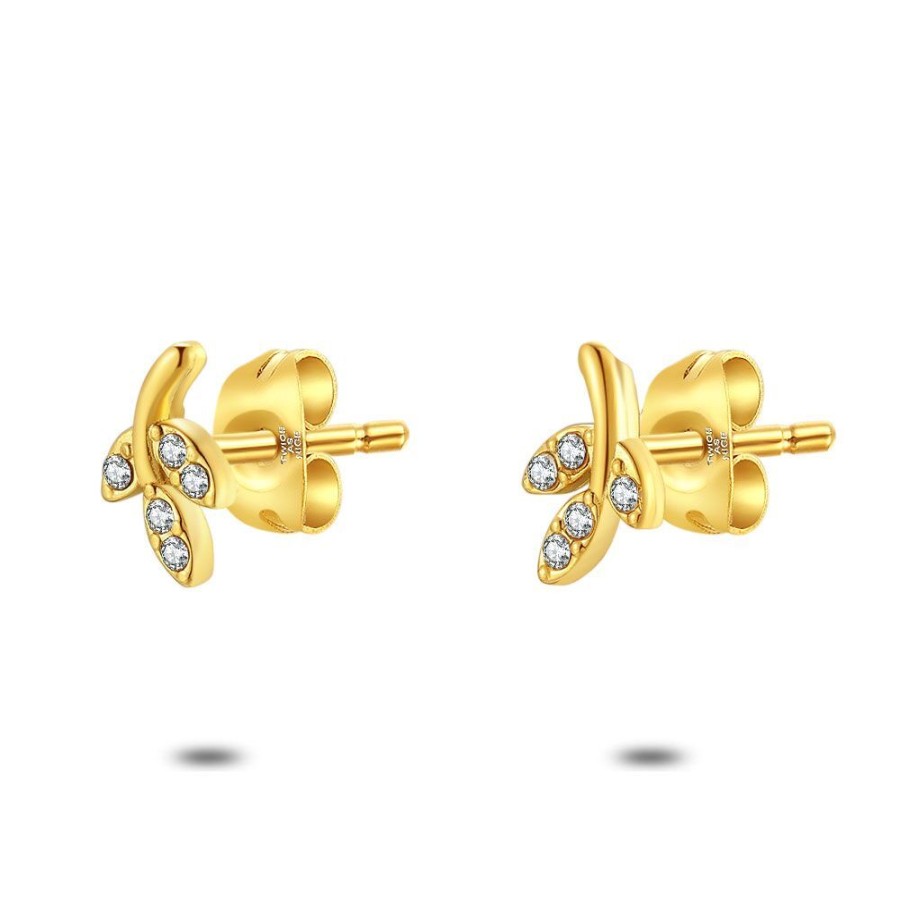 Women Twice As Nice | Gold Coloured Stainless Steel Earrings, Twig, 5 White Crystals