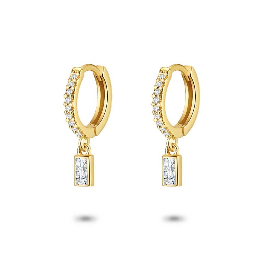 Women Twice As Nice | 18Ct Gold Plated Silver Earrings, Hoop, White Zirconia, Hanging White Emerald Cut Zirconia