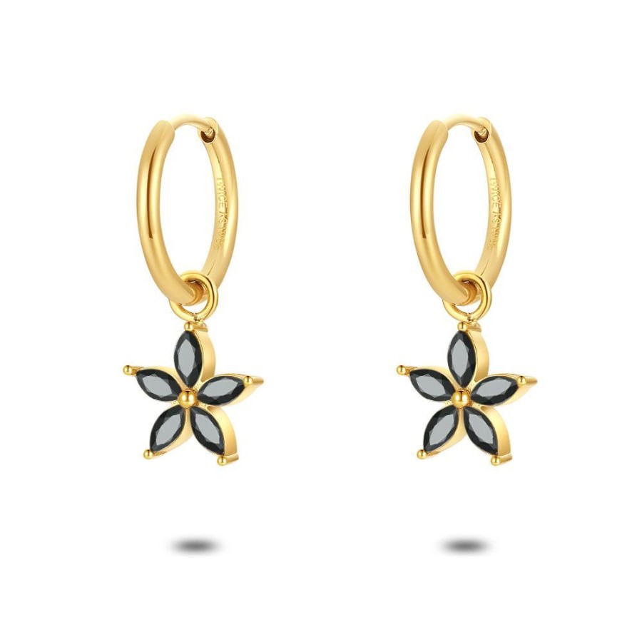 Women Twice As Nice | Gold Coloured Stainless Steel Earrings, Hoop With Flower And 5 Black Zirconia