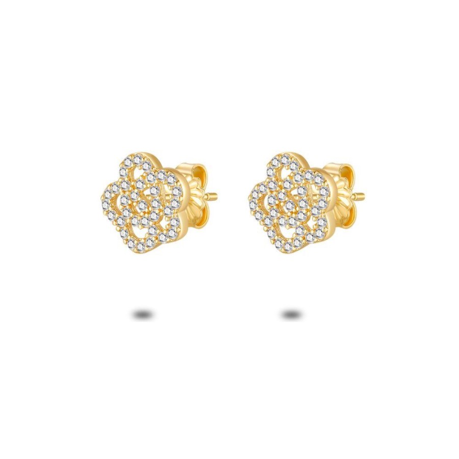 Women Twice As Nice | 18Ct Gold Plated Silver Earrings, Flower With Zirconia