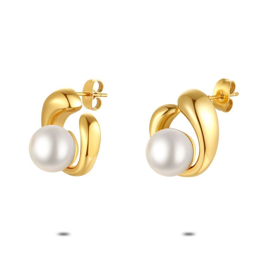 Women Twice As Nice | Gold Coloured Stainless Steel Earrings, Pearl In Ring