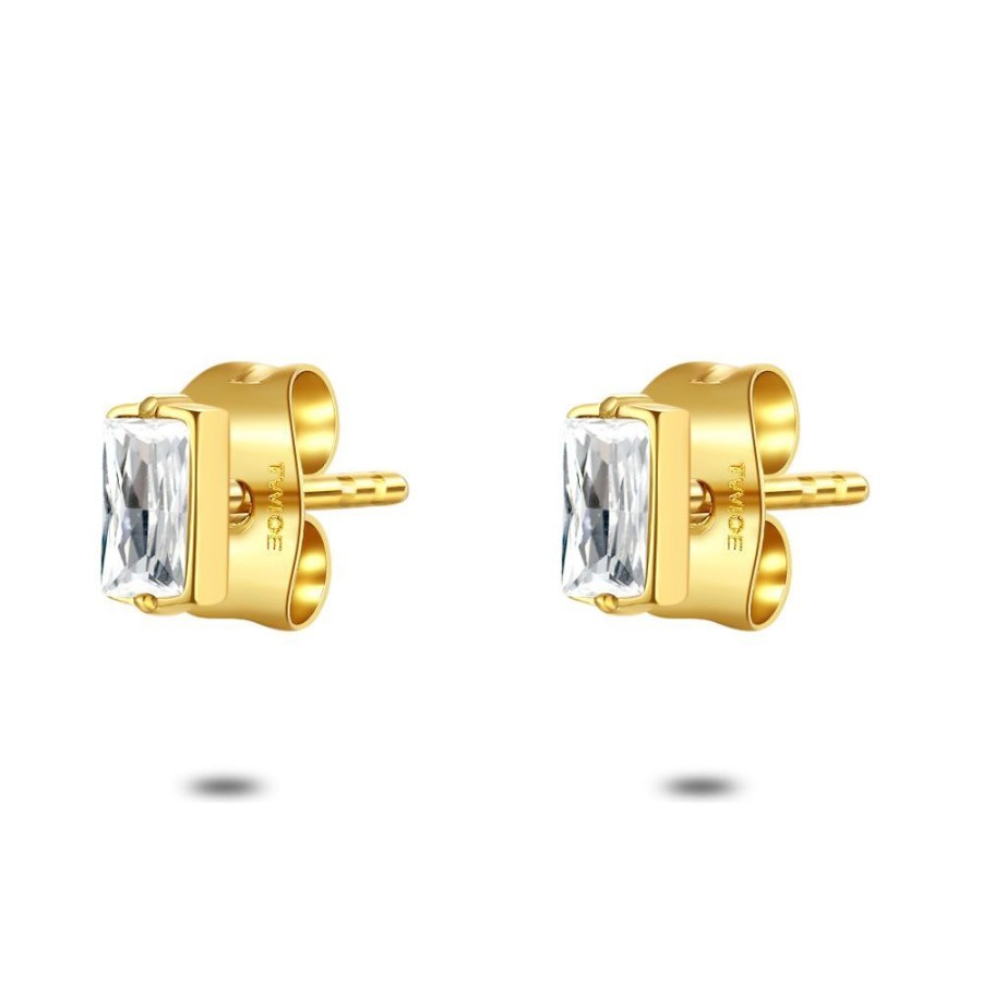 Women Twice As Nice | Gold Coloured Stainless Steel Earrings, Bar, Zirconia