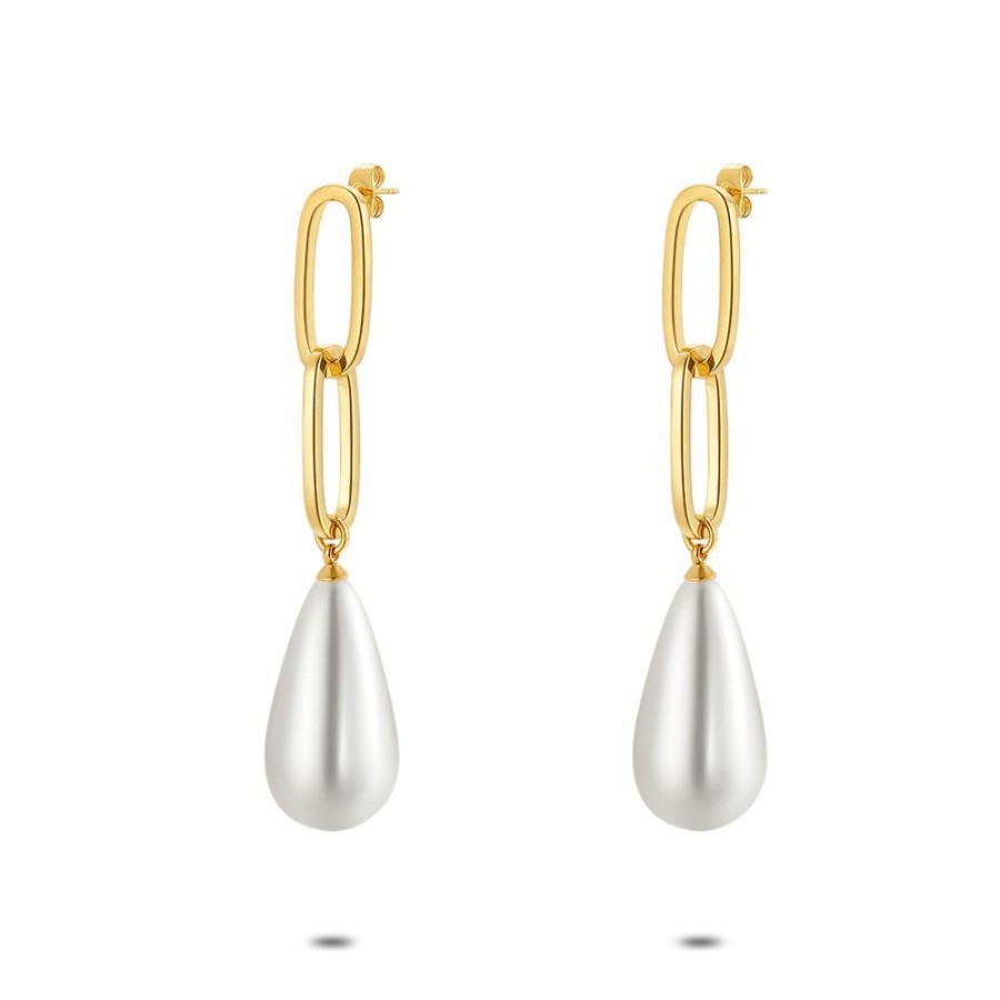 Women Twice As Nice | Gold Coloured Stainless Steel Earrings, 2 Oval Links, Big Pearl Drop