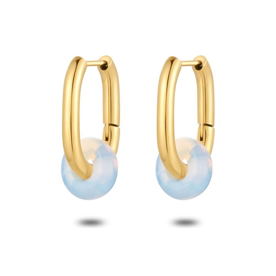 Women Twice As Nice | Gold Coloured Stainless Steel Earrings, Oval Hoops, Opal Stone