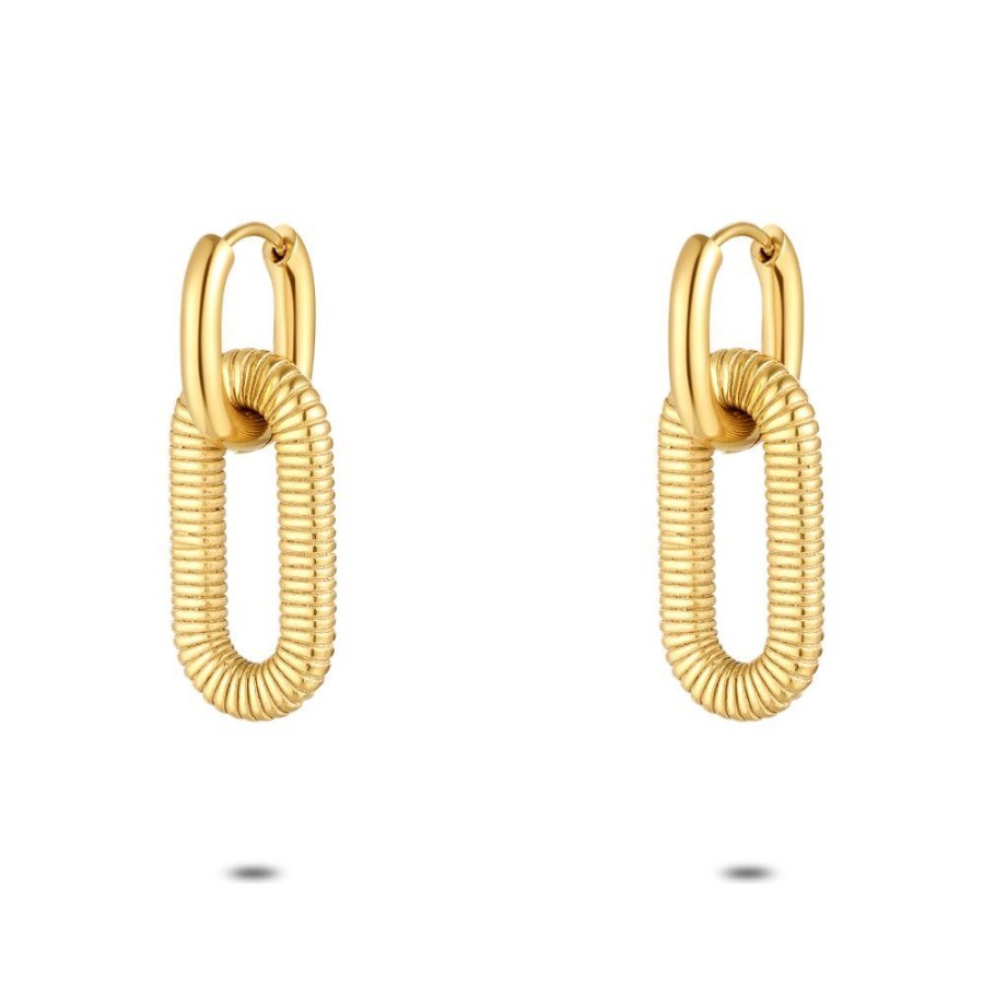 Women Twice As Nice | Gold Coloured Stainless Steel Earrings, Striped Oval